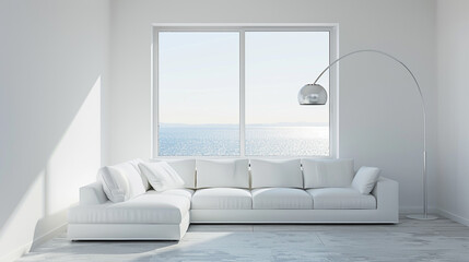 Minimalist living room with a white sectional sof large plain window, and a single silver floor lamp.