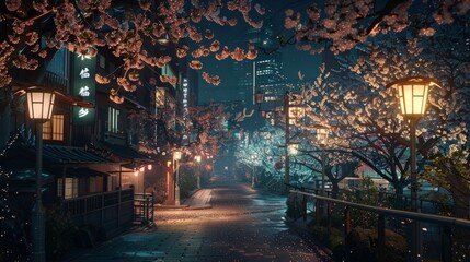 rural city of japan, night mode with sakura