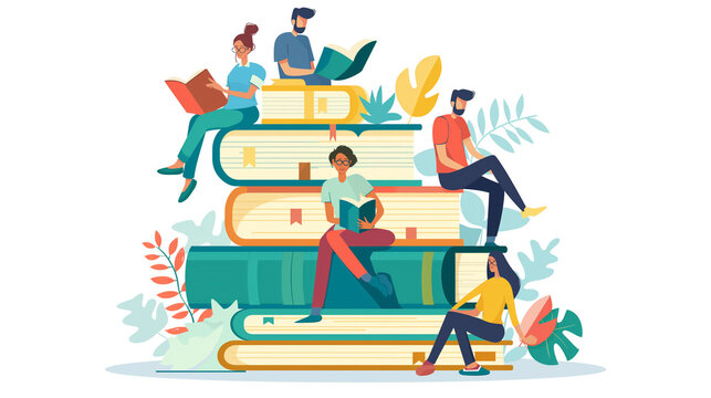 Illustration of a young smart male and female reader sitting on a giant pile of books and reading. Ebook ideas for digital libraries book festival Flat Art Vector