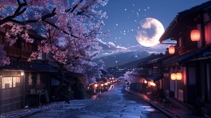 rural city of japan, night mode with sakura