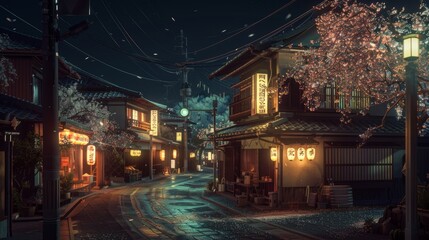 Fototapeta premium rural city of japan, night mode with sakura