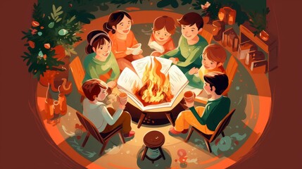 family storytelling flat design top view fireside theme water color vivid