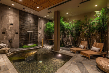 A tranquil Zen spa adorned with bamboo accents, soothing water features, and plush relaxation...