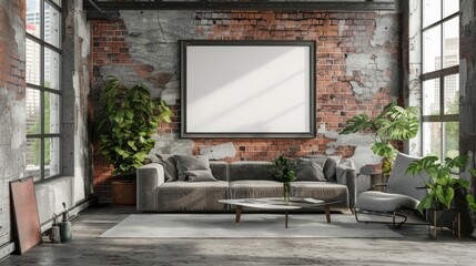 Frame mockup in living room loft, industrial style.