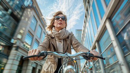 Cyclist in the city. A elderly woman riding a bicycle outdoors. Person rides on the street.