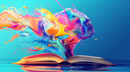 Abstract 3D illustration of colorful objects floating on a fantasy book. Brainstorm and inspire ideas Abstract background with colorful gradients