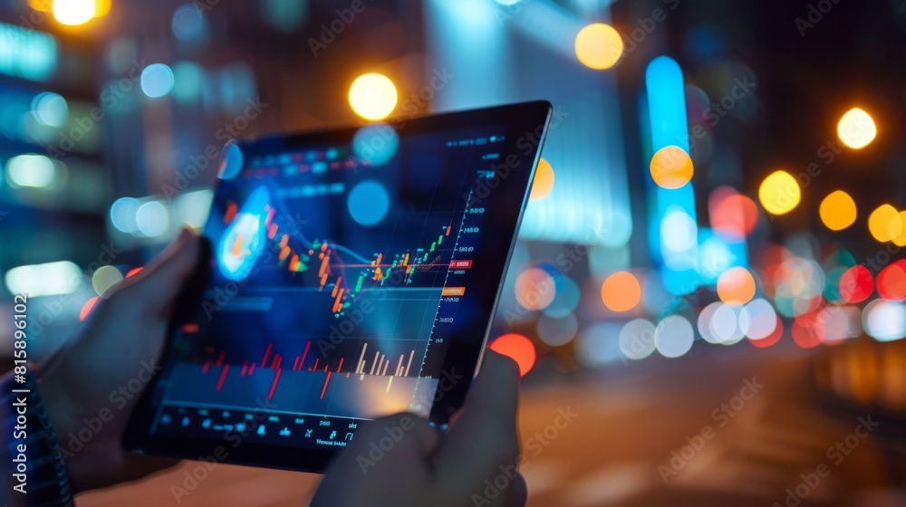 Aufkleber a hand holding a tablet displaying real-time stock market data, emphasizing the importance of stayin