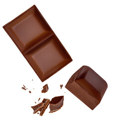 Piece of chocolate explosion isolated on white background. Levitating dark  chocolate chunks...