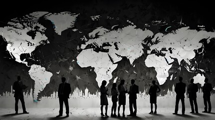 World population day illustration, Human shadows in front of a world map.