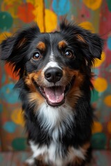 View from above of a happy mixed breed dog looking up at the camera