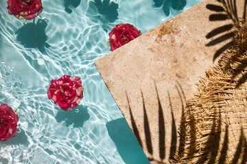 Summer Poolside Relaxation. Water ring and palm shadow on travertine stone