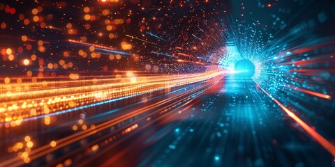 Obraz premium Abstract background depicting a high-speed light tunnel with radiant blue and orange light particles