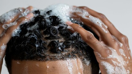 Naklejka premium Young man with hair loss using shampoo on his head isolated over white background