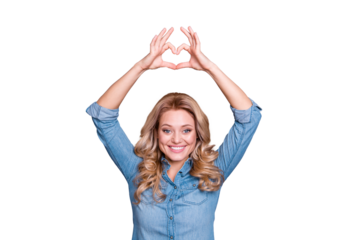 Portrait of her she nice cute lovely lovable charming attractive wavy-haired cheerful lady showing heart sign gesture up over head isolated over gray violet purple pastel background