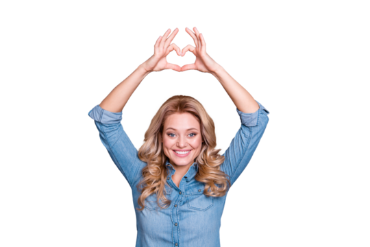 Portrait of her she nice cute lovely lovable charming attractive wavy-haired cheerful lady showing heart sign gesture up over head isolated over gray violet purple pastel background