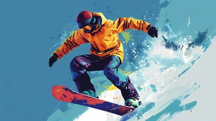 Illustration of a snowboarder on the slope, winter sport, dynamic shapes