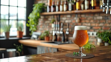  full glass of beer  on wood table 