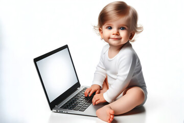 Smart baby sitting near laptop with a white screen Isolated on white background