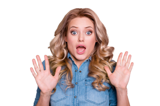 Close-up portrait of her she nice cute winsome lovely charming attractive wavy-haired lady showing refuse sign gesture opened mouth isolated over gray violet purple pastel background