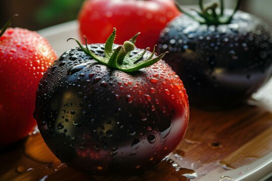Glossy Black tomatoes table. Wicker basket with juicy and fresh vegetables. Generate AI