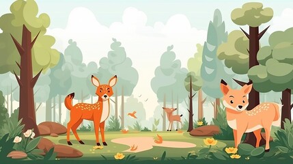 forest wildlife flat design front view animal habitat theme cartoon drawing colored pastel
