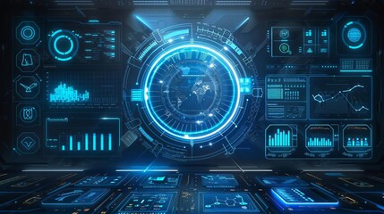 Futuristic blue holographic interface with data analytics