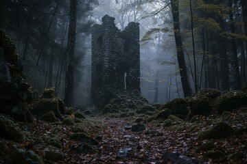 Ominous Black tower forest. Nature travel wall. Generate Ai
