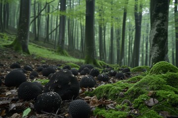 Earthstar fungi thrive on the forest floor amidst moss and misty trees