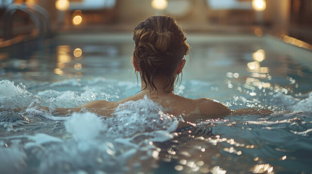 A woman is swimming in a pool with a lot of bubbles