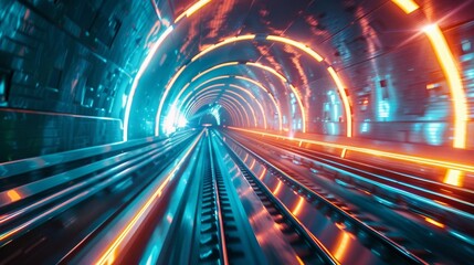 Futuristic train passing through a neonlit tunnel
