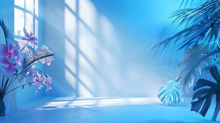 Abstract blue color gradient studio background for product presentation Empty room with shadows of window and flowers and palm leaves  3d room with copy space Summer concert Blurred ba : Generative AI