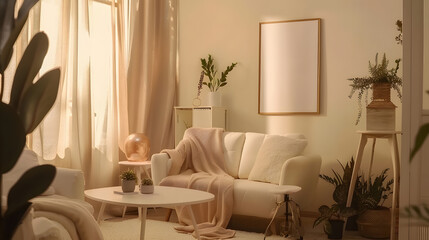 Warm and cozy composition of living room interior with mock up poster frame modular sofa white armchair stylish coffee table plants beige curtain and personal accessories Home decor Te : Generative AI