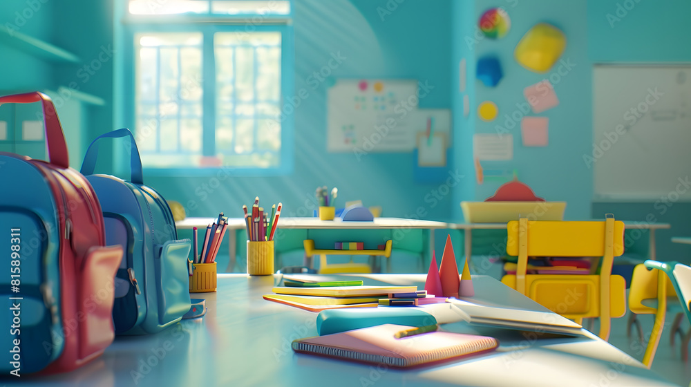 Poster interior of stylish empty classroom with backpacks and stationery : generative ai