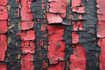 A wall with red and black peeling paint, suitable for backgrounds or textures