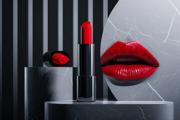 Sultry scarlet lipstick elegance on a modern background of black and white striped marble texture, showcasing the bold allure and sensuality of this luscious red lip care product