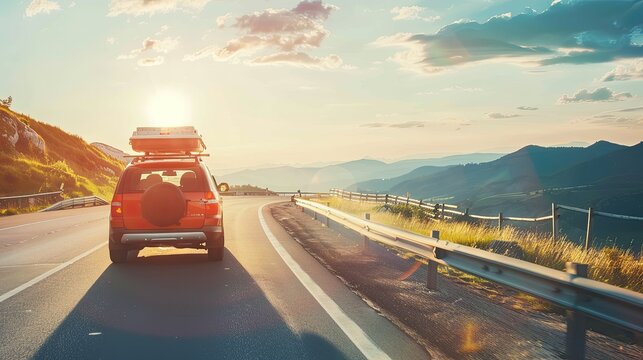 an SUV car equipped with a roof box traversing a scenic mountain road, symbolizing the freedom and excitement of family vacations and travel adventures amidst breathtaking summer landscapes.