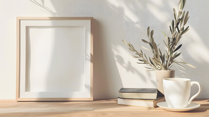 Breakfast still life Cup of coffee books and empty picture frame mockup on wooden desk table Vase with olive branches Elegant working space home office concept Scandinavian interior de : Generative AI