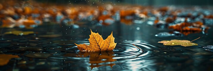 Leaf fallen from a tree in the water on a rainy autumn day realistic nature and landscape - Powered by Adobe