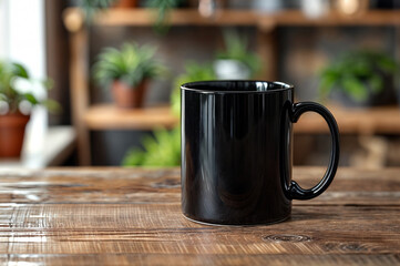 11oz coffee mug mockup blank black cup for own design presentation on a table surrounded by spring flowers	