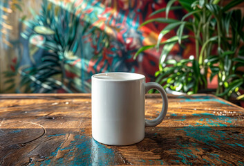 11oz coffee mug mockup blank white cup for own design presentation on a table on abstract background