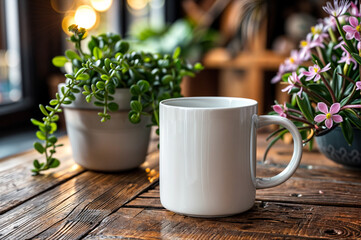 11oz coffee mug mockup blank white cup for own design presentation on a table surrounded by spring flowers	