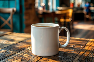 11oz coffee mug mockup blank white cup for own design presentation on a table on abstract cafe background