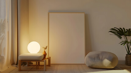 Domestic and cozy interior of living room with mock up poster frame design pouf lamp decoration wooden side table and beige accessories Creative home decor Template : Generative AI