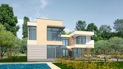 modern house in the park, 3d perspective illustration of a modern single house with green garden and pool in the forest
