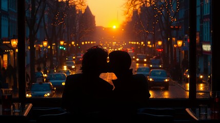 couple in love kissing while sitting at a table in a cafe on Valentine's day, night town 