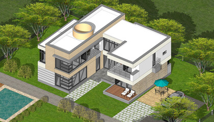 house in the garden, 3d rendering of a modern single house with wonderful garden