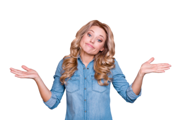 Portrait of her she nice cute lovely fascinating charming attractive doubtful funny wavy-haired lady showing I don't know gesture isolated over gray violet purple pastel background