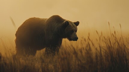 A Big Brown Bear or Ursus arctos captured in the wild during fog