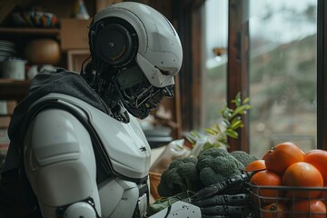 Robot examining fresh vegetables in a cozy home setting
