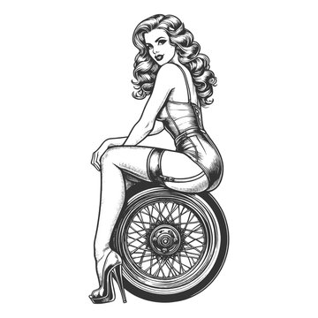 pin-up girl seated on a motorcycle wheel, capturing a classic glamorous pose sketch engraving generative ai fictional character vector illustration. Scratch board imitation. Black and white image.